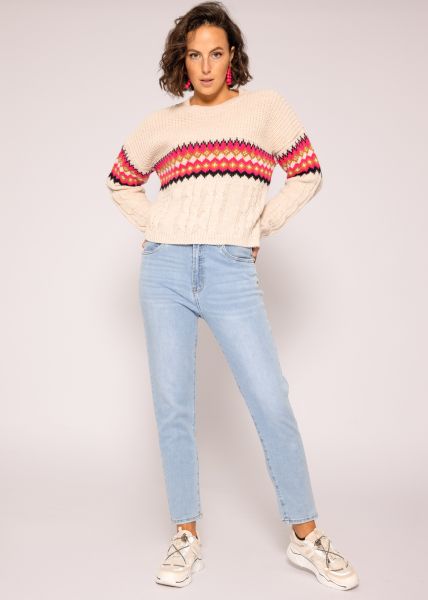 Round neck sweater with border, beige