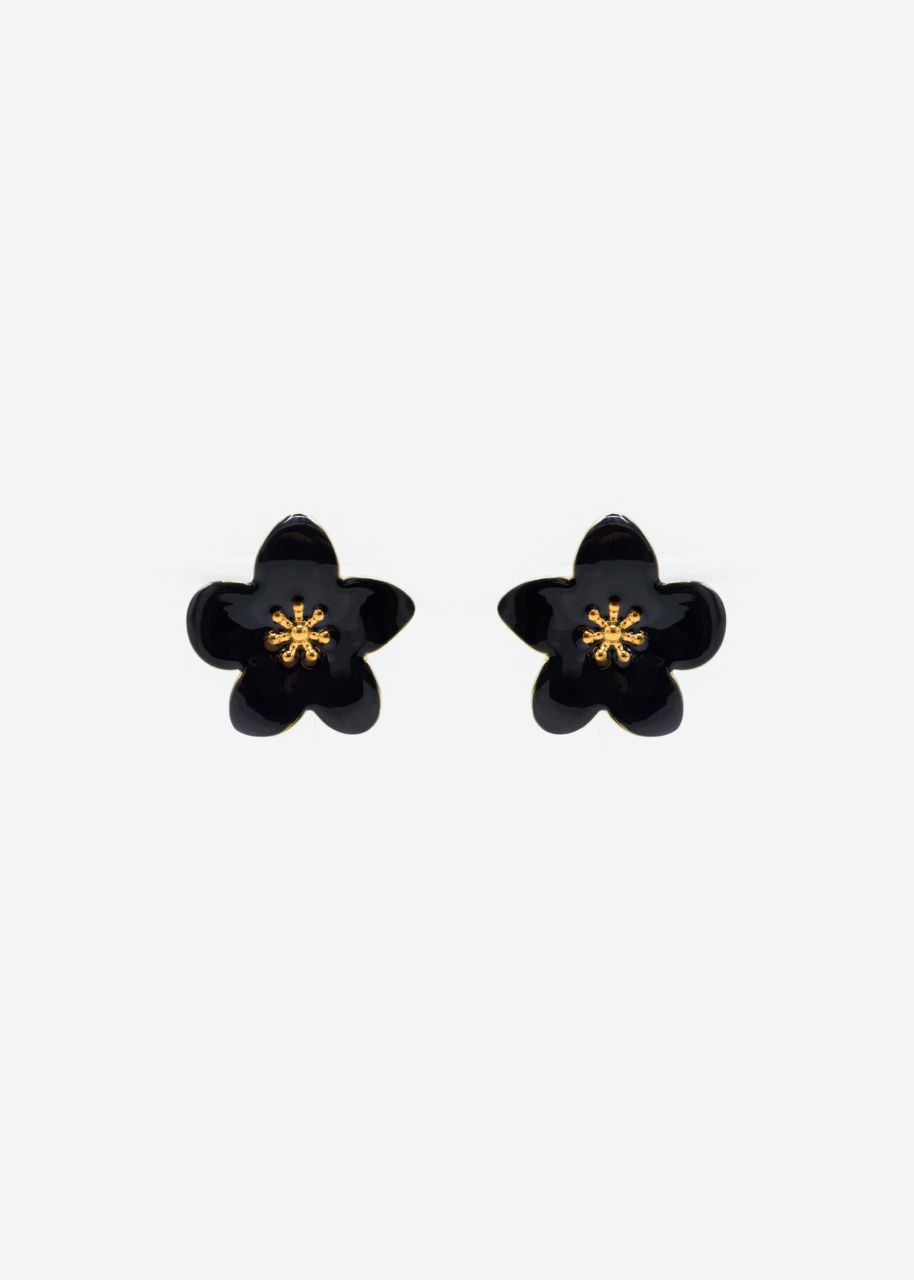 Stud earrings with black flower - gold