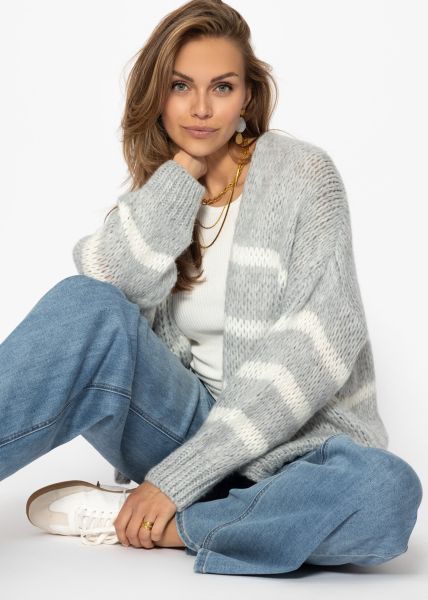 Oversize cardigan with white stripes, light grey