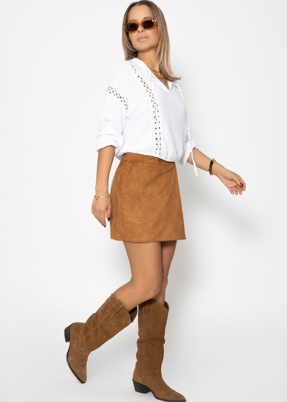 Muslin blouse with lace insert - white