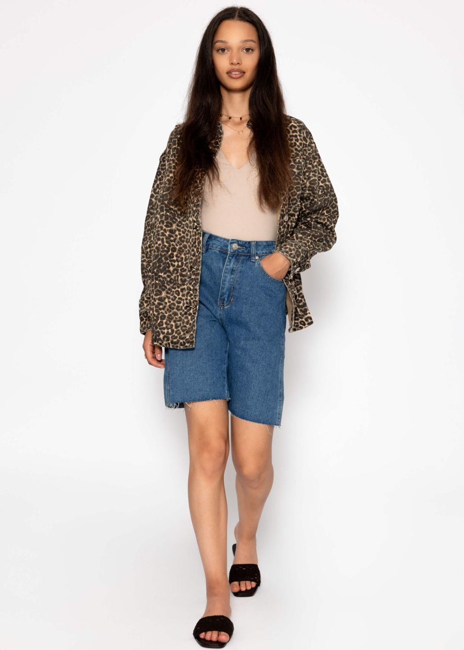 Denim shirt jacket with leopard print - beige