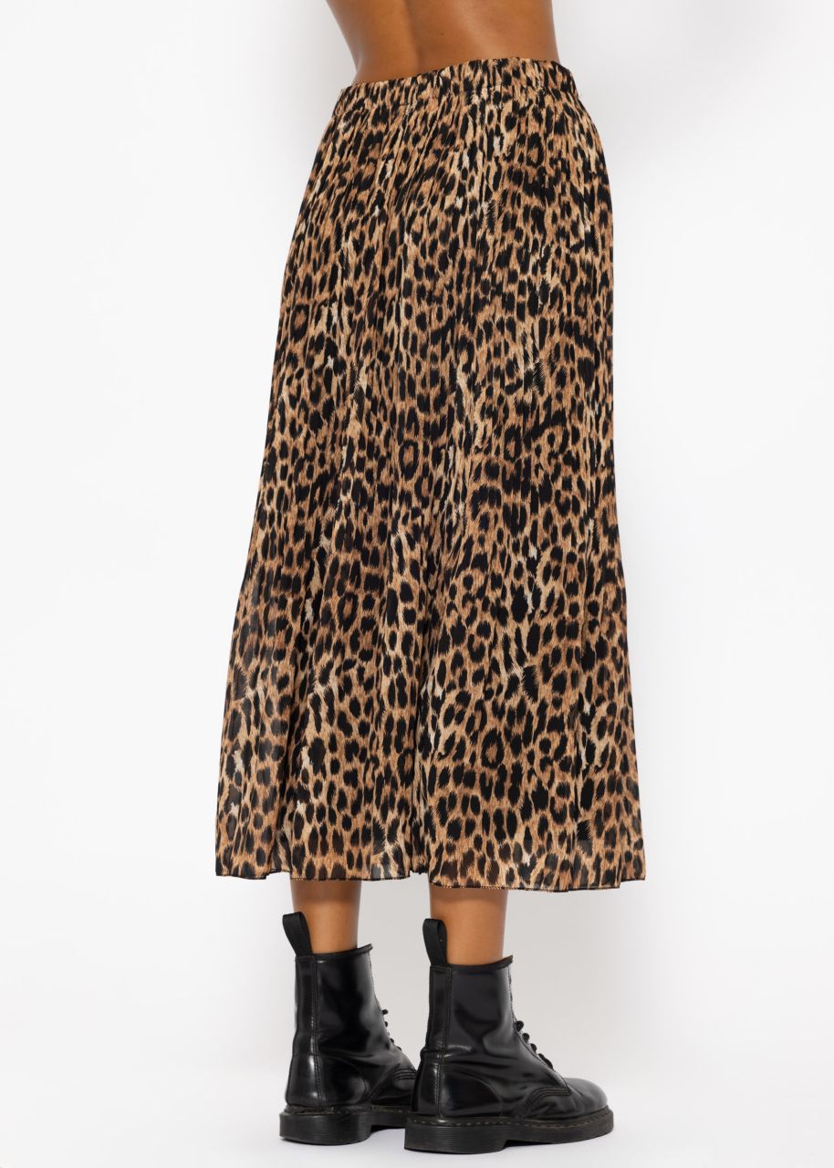 Long pleated chiffon skirt with leopard print in brown