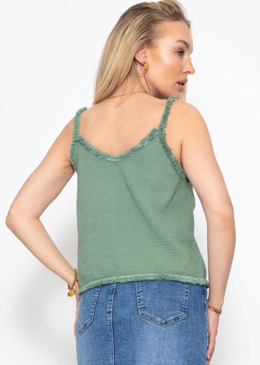 Muslin top with fringed trim - sage green