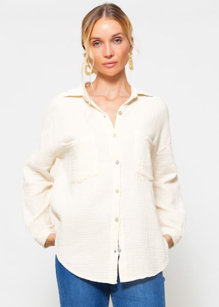 Oversize muslin blouse with breast pockets - cream white