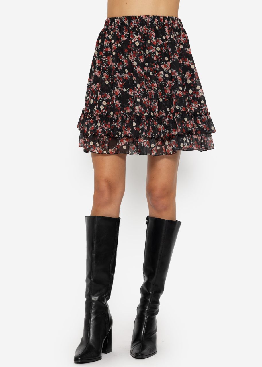 Flouncy skirt with ruffles and floral print - black