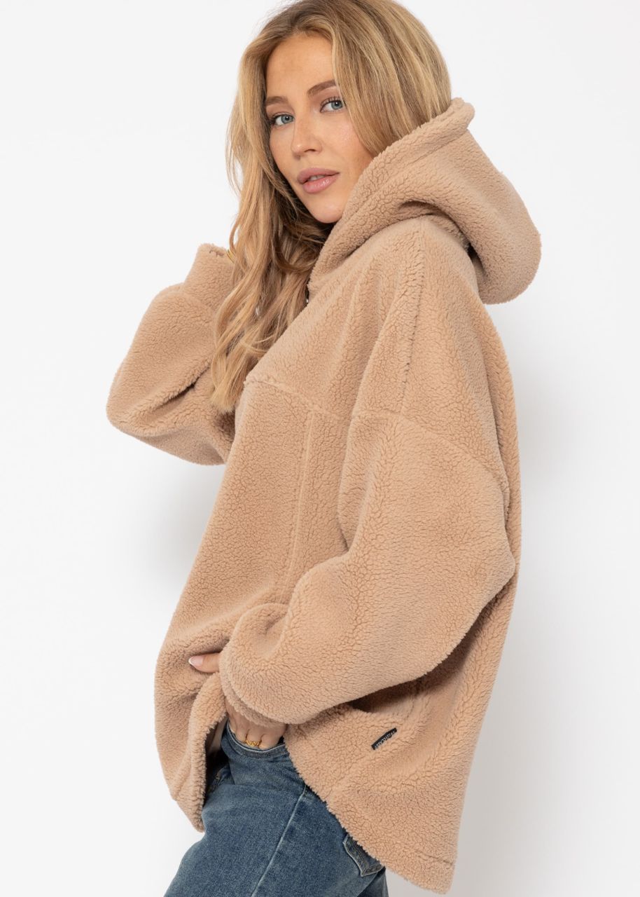 Oversized teddy sweatshirt with hood - beige