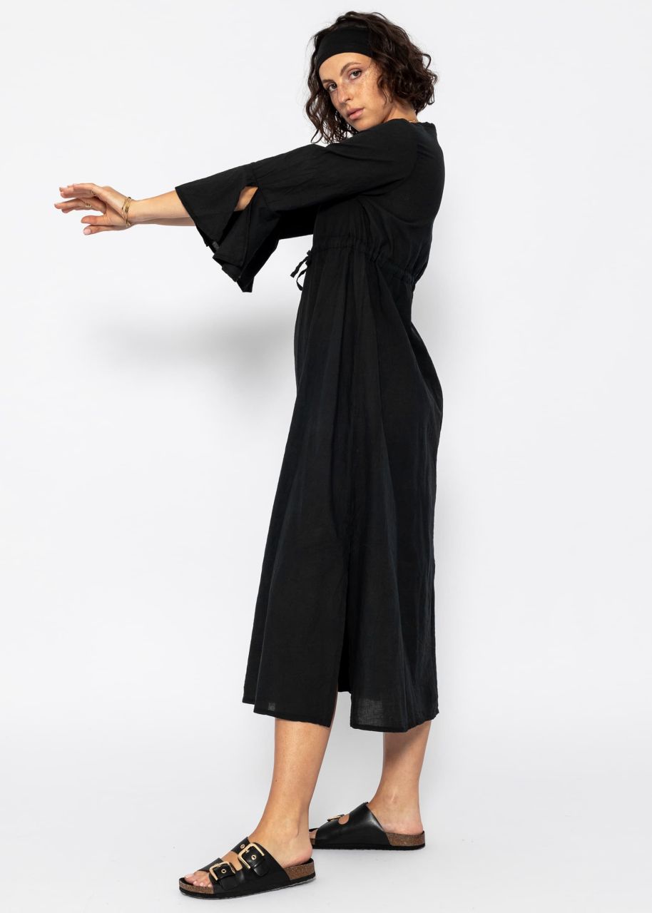 Long cotton dress with side slit - black