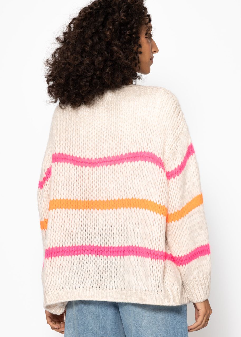 Oversize cardigan with pink and orange stripes, offwhite