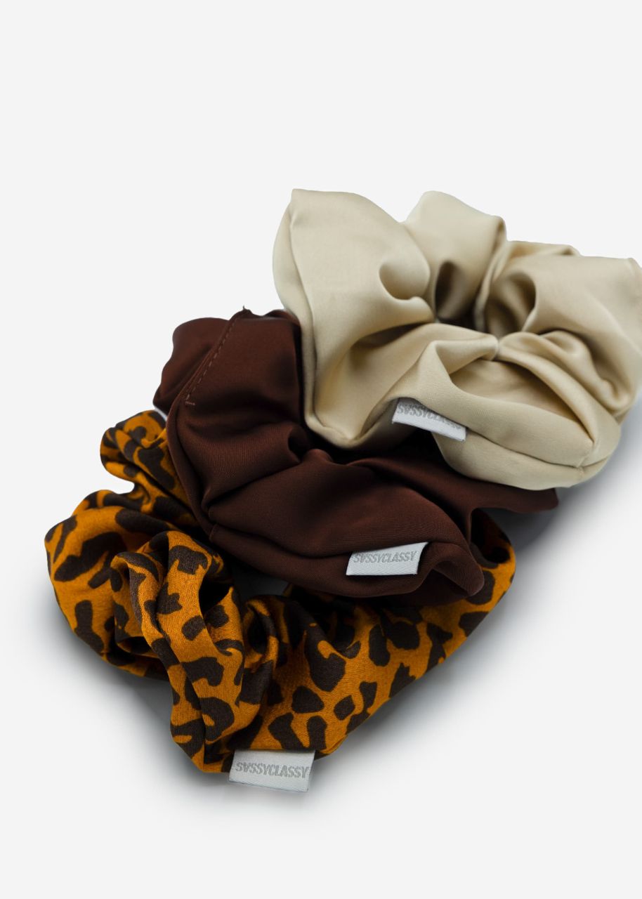 Set of 3 scrunchies - leo-brown-champagne