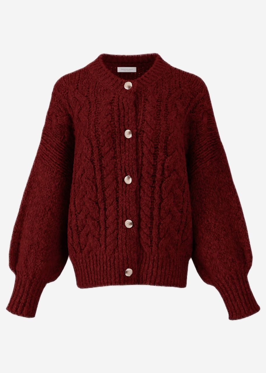 Super fluffy cardigan with cable knit pattern - burgundy