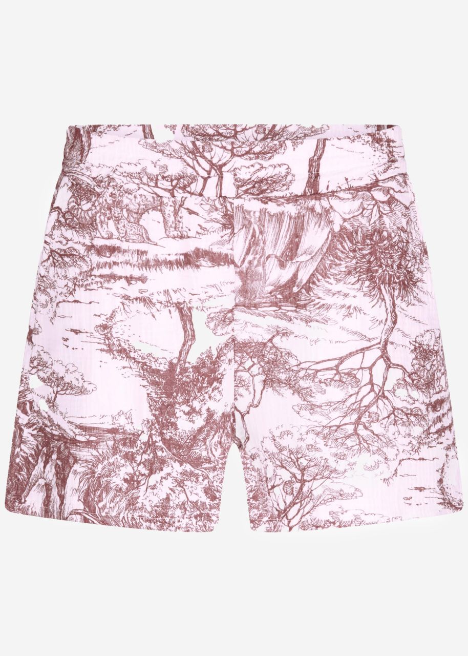 Muslin shorts with print, burgundy/offwhite