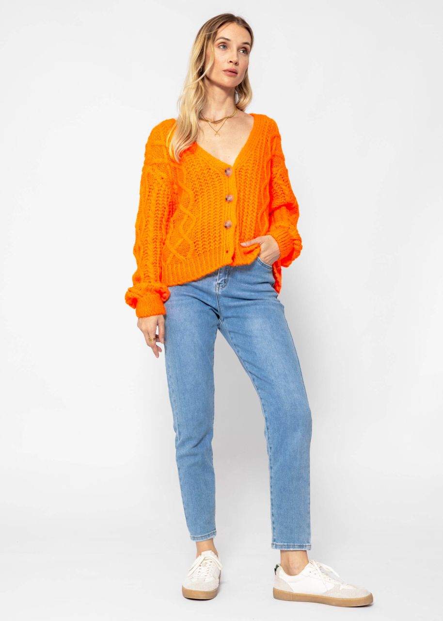 Oversized cardigan with cable knit pattern - tangerine