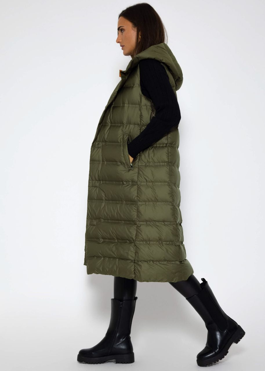 Long quilted waistcoat with hood - khaki