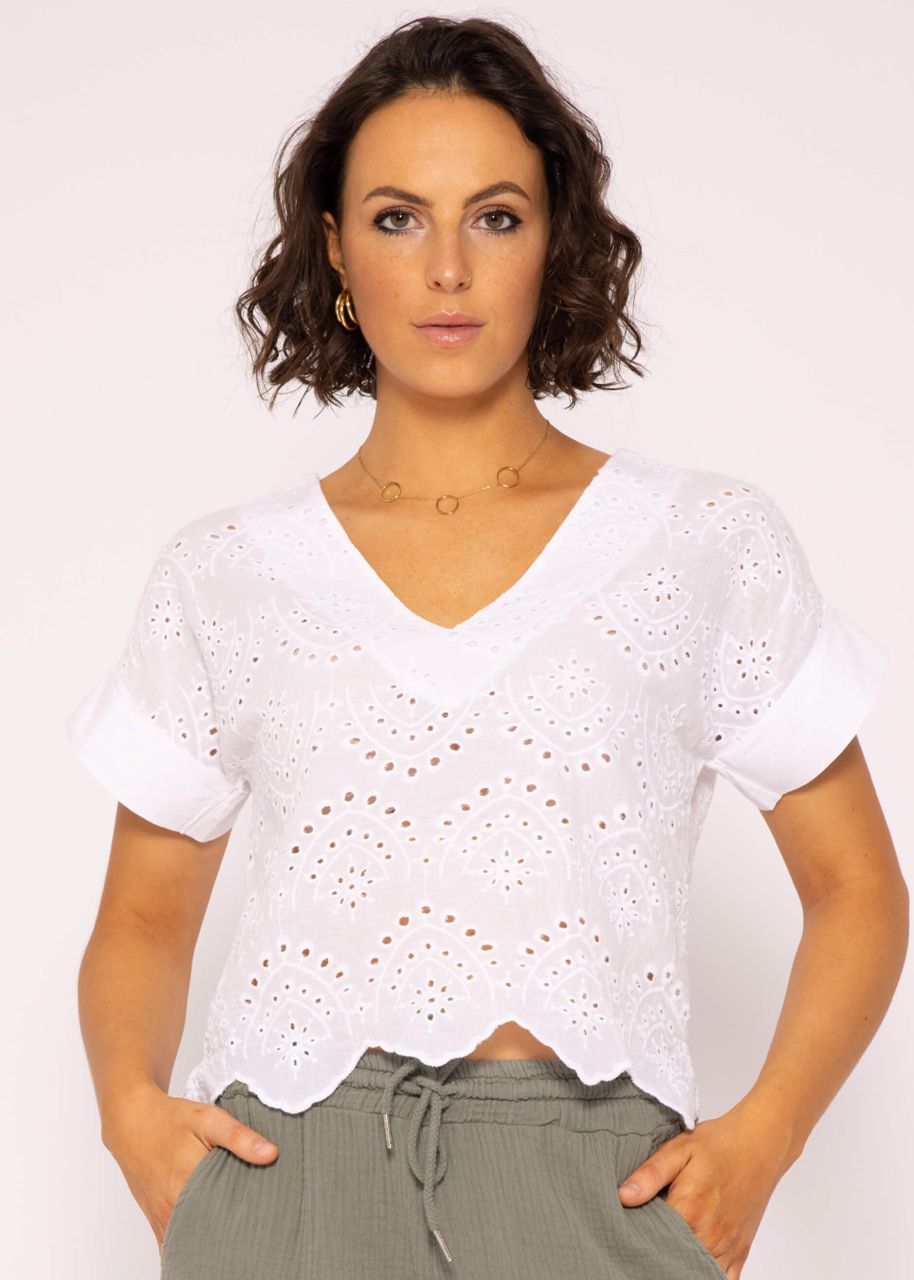 Lace shirt with V-neck, white