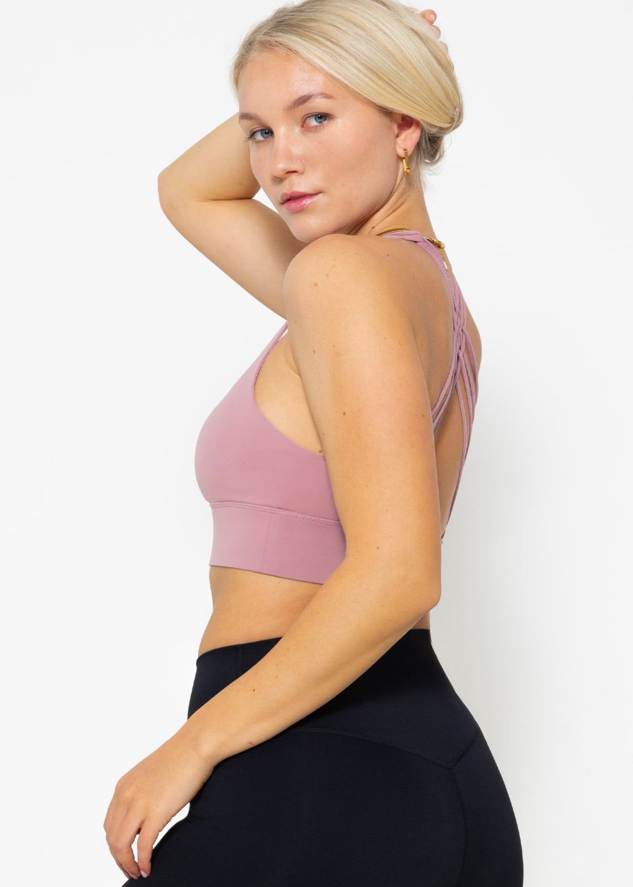 Crop sports bra with cross back - dusky pink