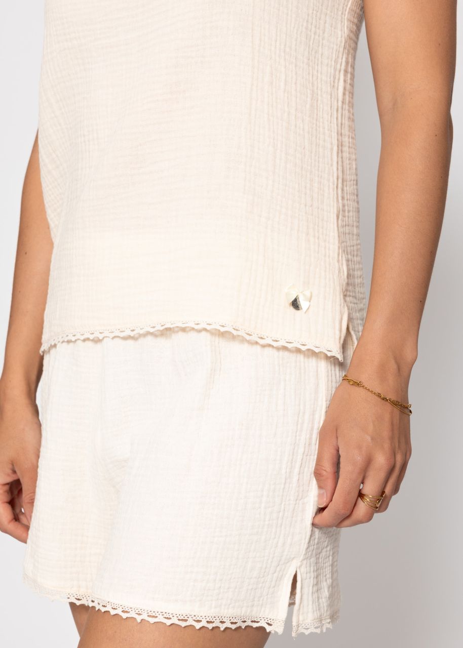 Musselin Pyjamatop mit Spitzenborte - beige