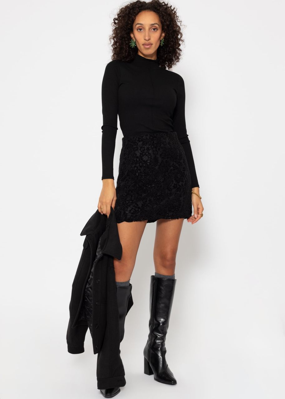 Short lace skirt with velvet effect - black