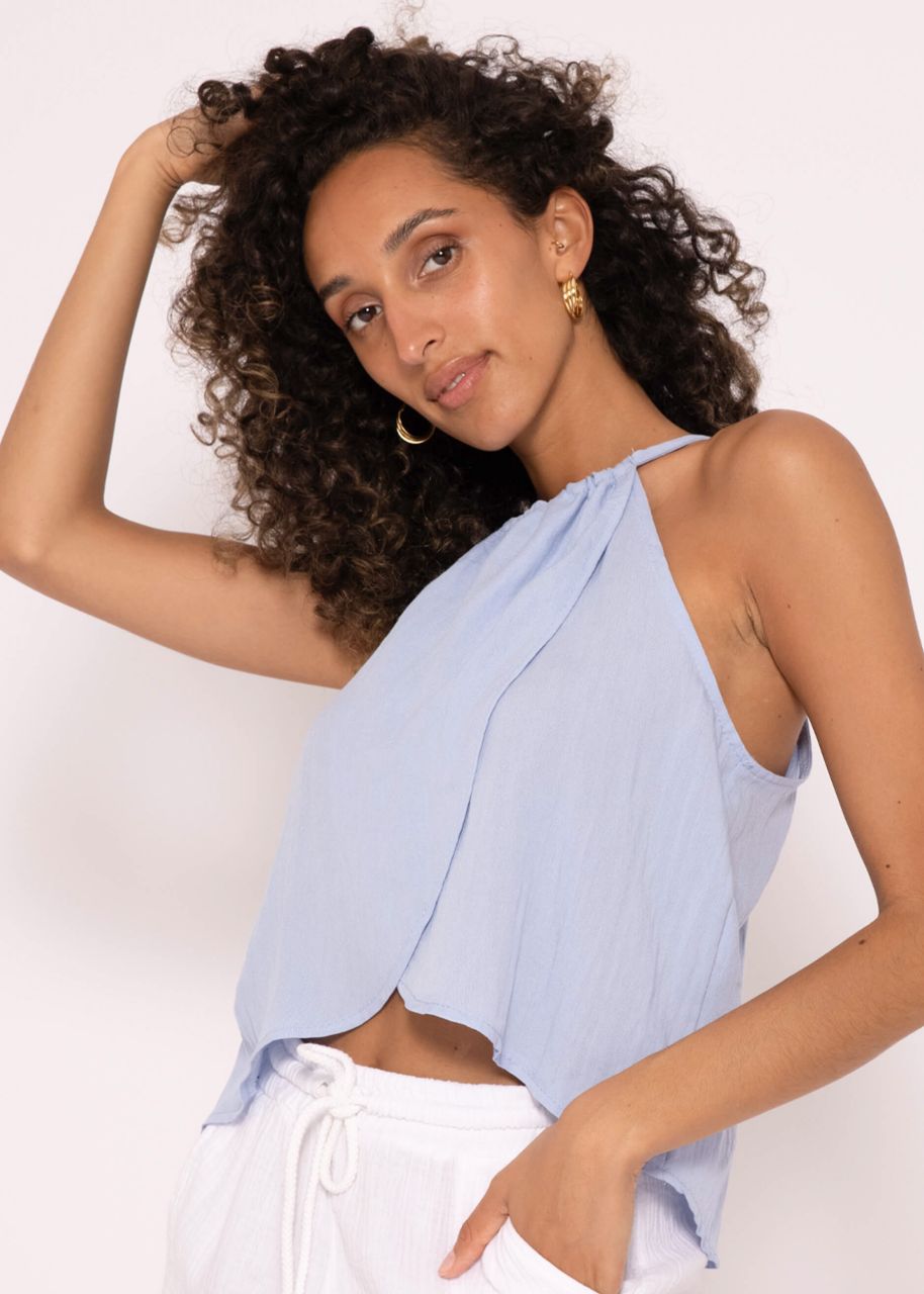 Shimmering off shoulder viscose top, light blue