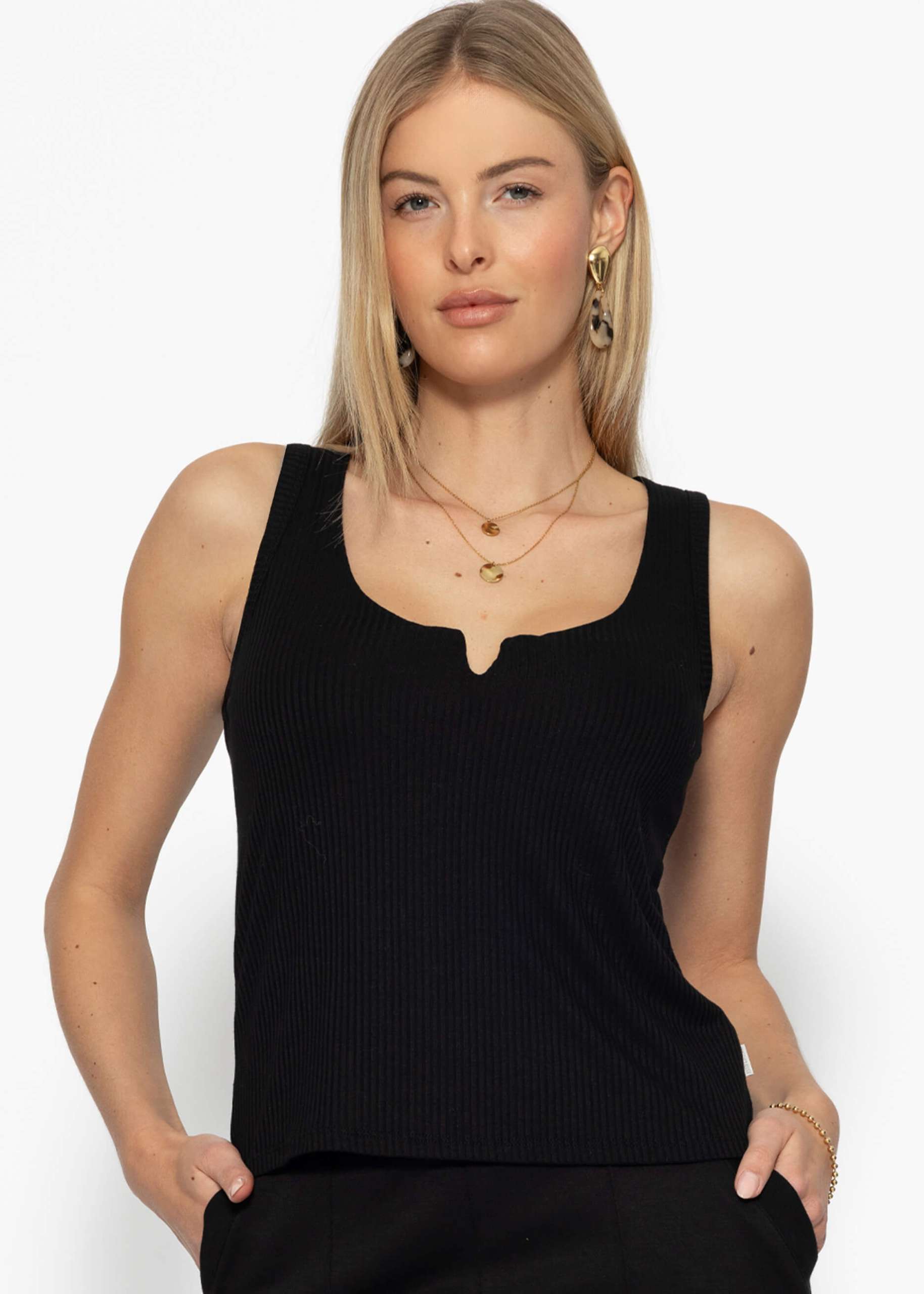 Ribbed top with V-neck - black