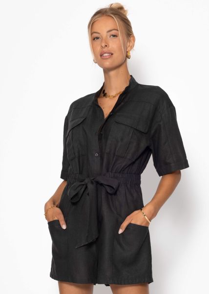 Linen jumpsuit with tie belt - black