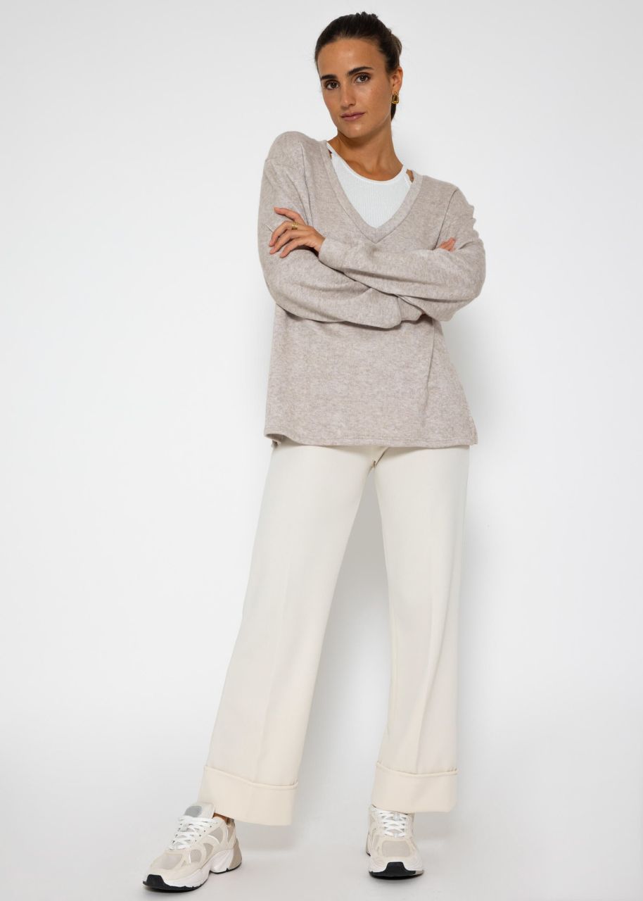 Oversize soft jumper with deep V-neck - taupe