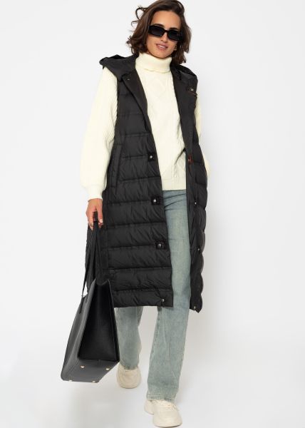 Long quilted waistcoat with hood - black