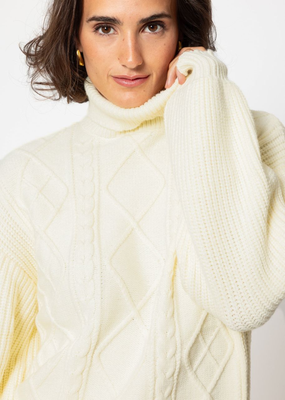 Turtleneck jumper with cable knit pattern - vanilla yellow