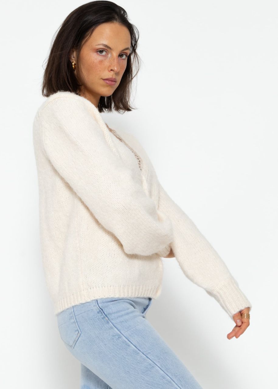 Cardigan with lace neckline - offwhite
