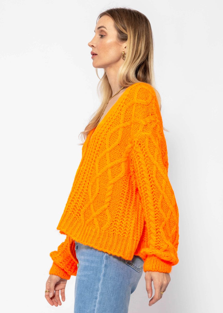 Oversized cardigan with cable knit pattern - tangerine