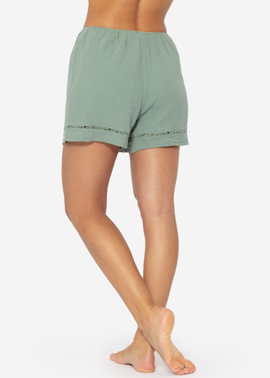 Muslin pyjama shorts with lace trim - sage green