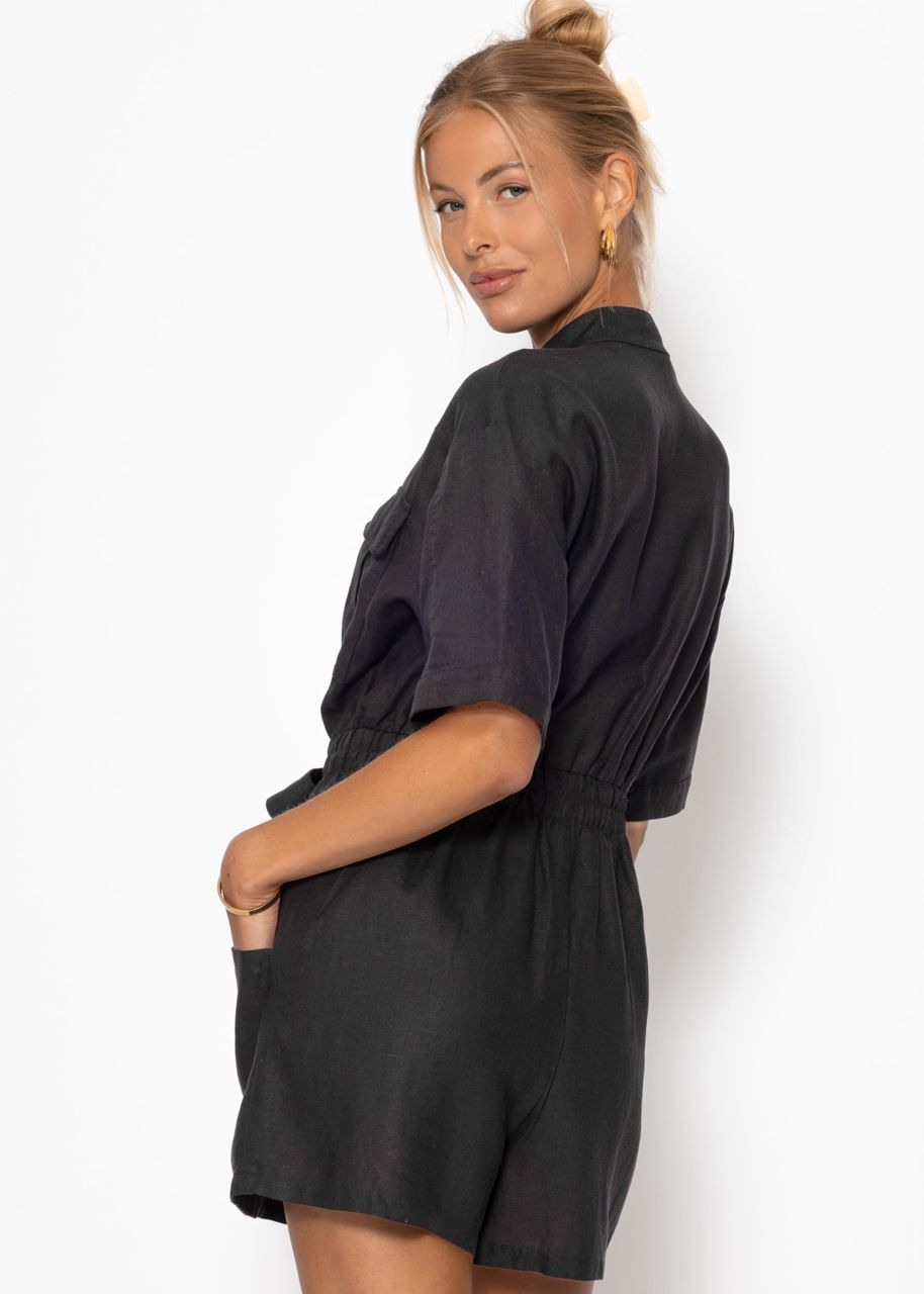 Linen jumpsuit with tie belt - black