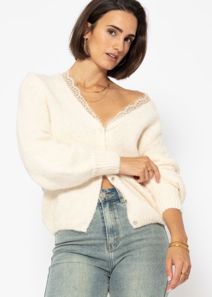 Cardigan with lace neckline - offwhite