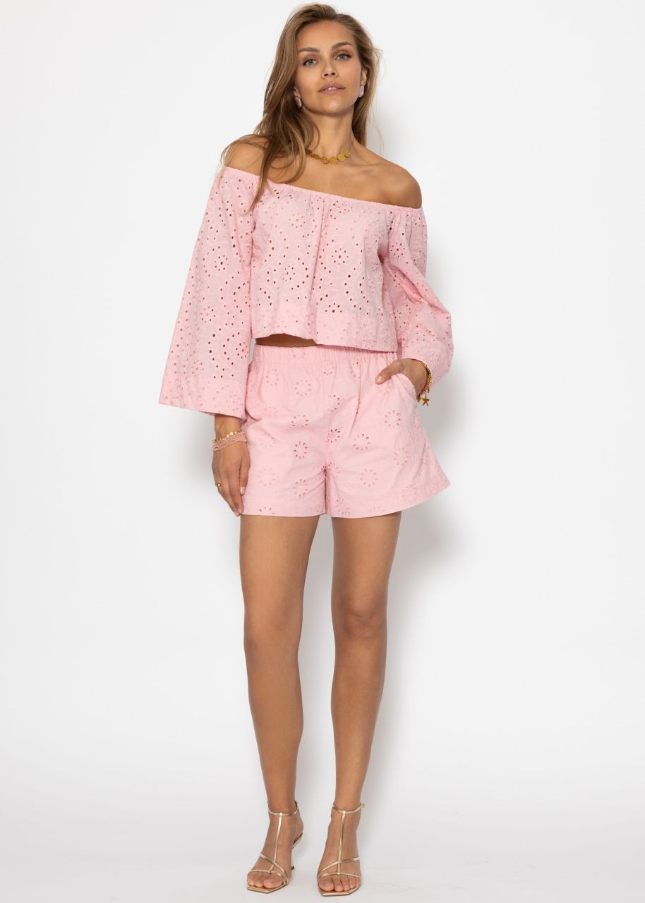 Off-the-shoulder long sleeve top with eyelet embroidery - pink