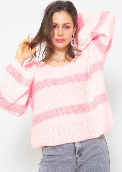 Pullover mit Streifen und V-Ausschnitt - hellrosa-rosa