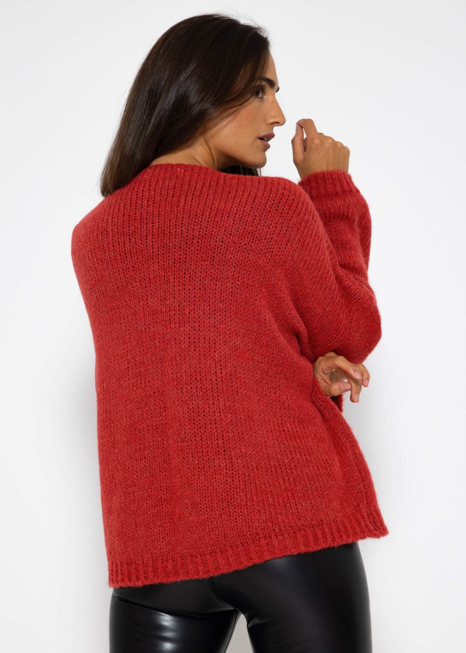 Knitted cardigan with patch pockets - red