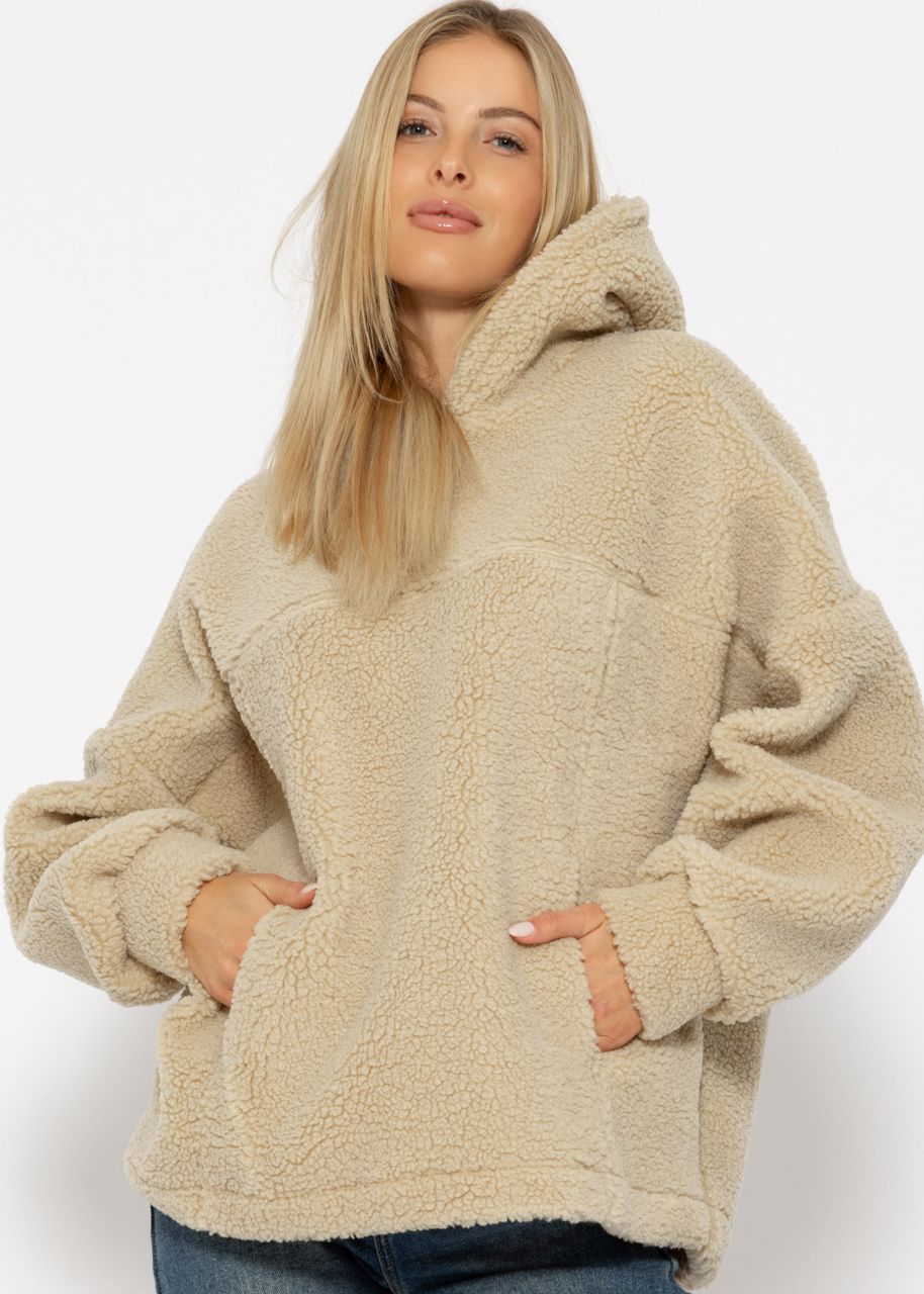 Oversized teddy sweatshirt with hood - light beige