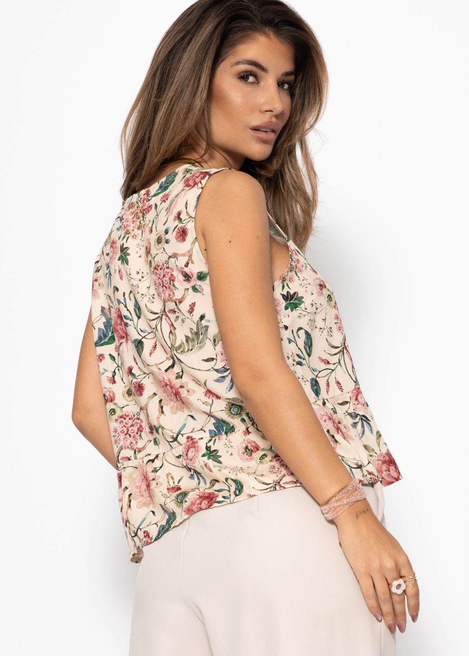 Top with tie ribbons and floral print - beige