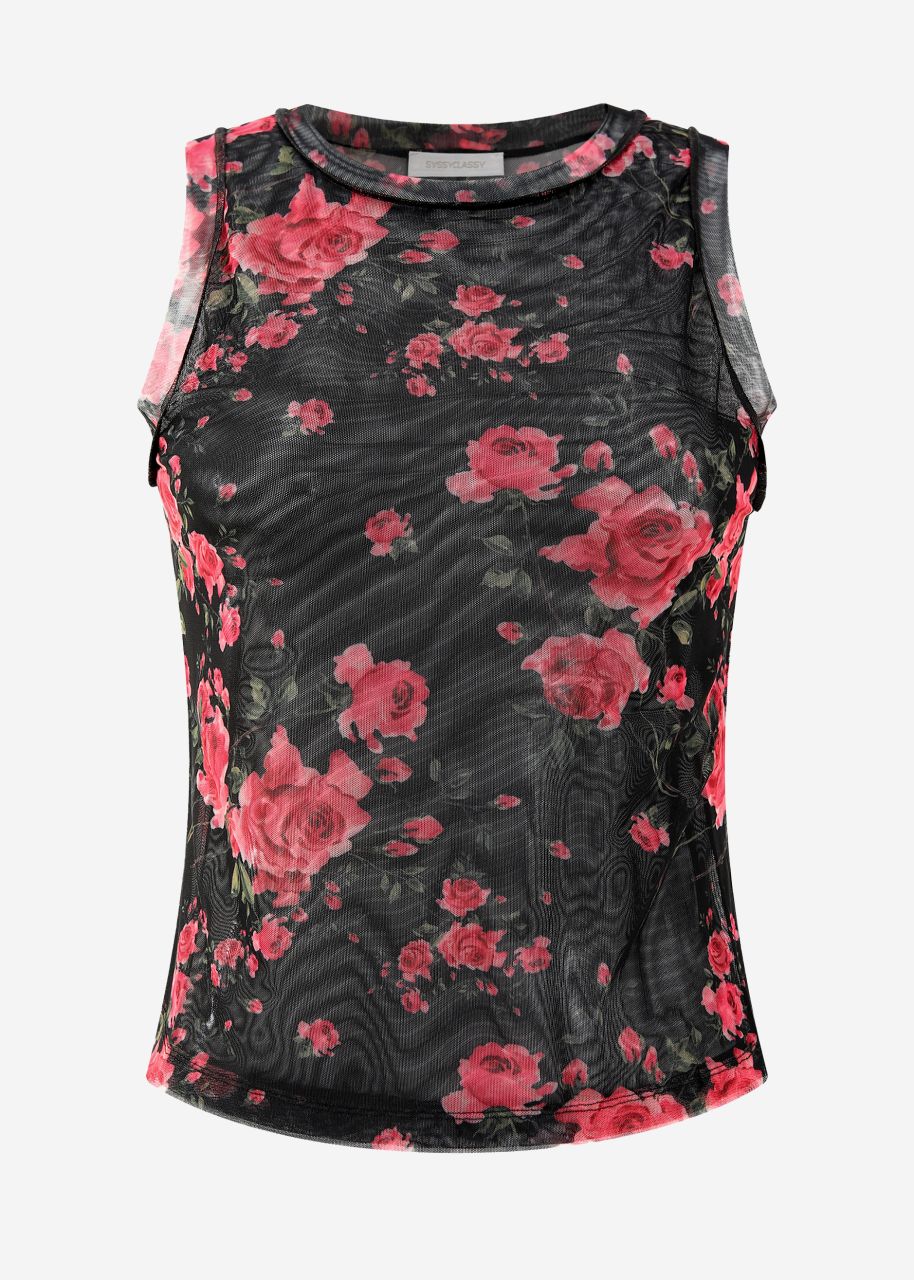 Mesh top with floral print - black