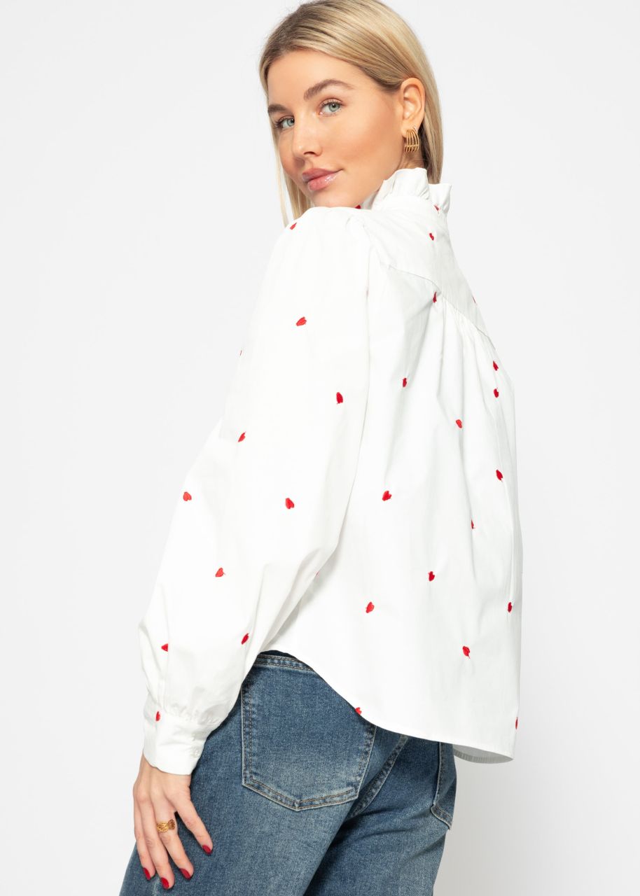 Blouse with red heart embroidery - white