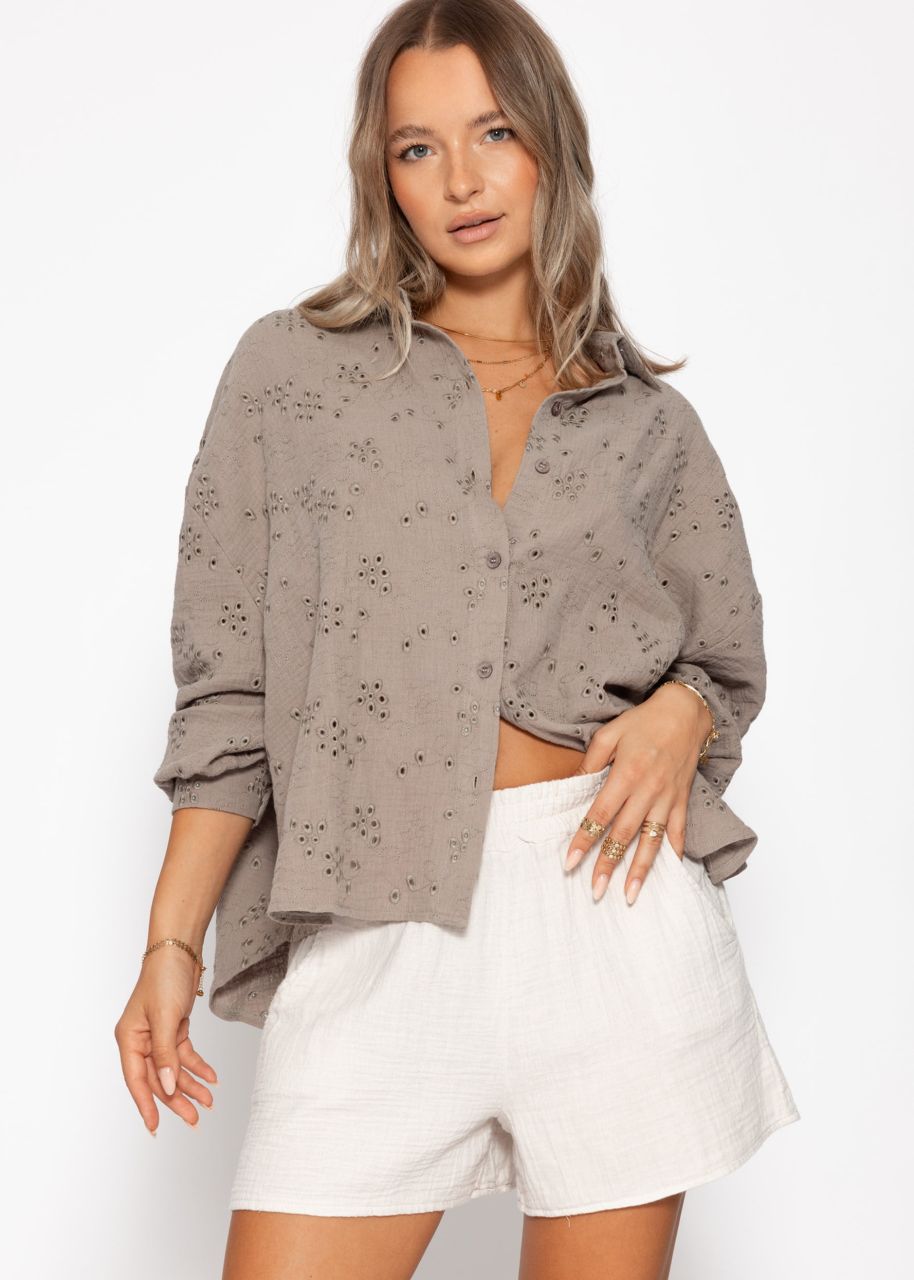 Muslin blouse with eyelet embroidery - taupe