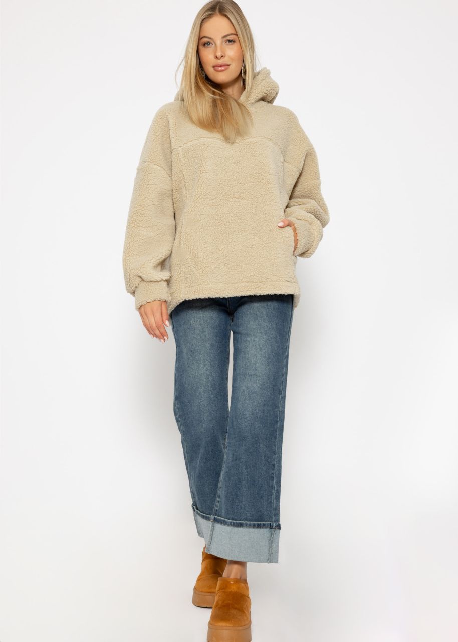 Oversized teddy sweatshirt with hood - light beige