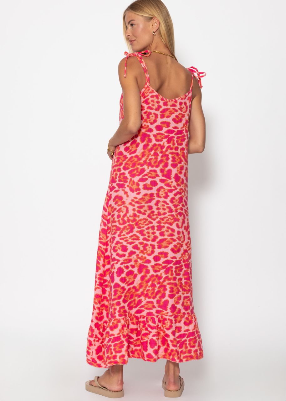 Muslin maxi dress with leo print - pink