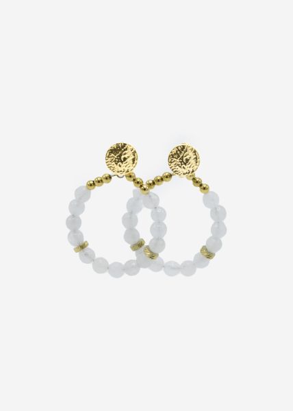Gold stud earrings with real pearls - white jade