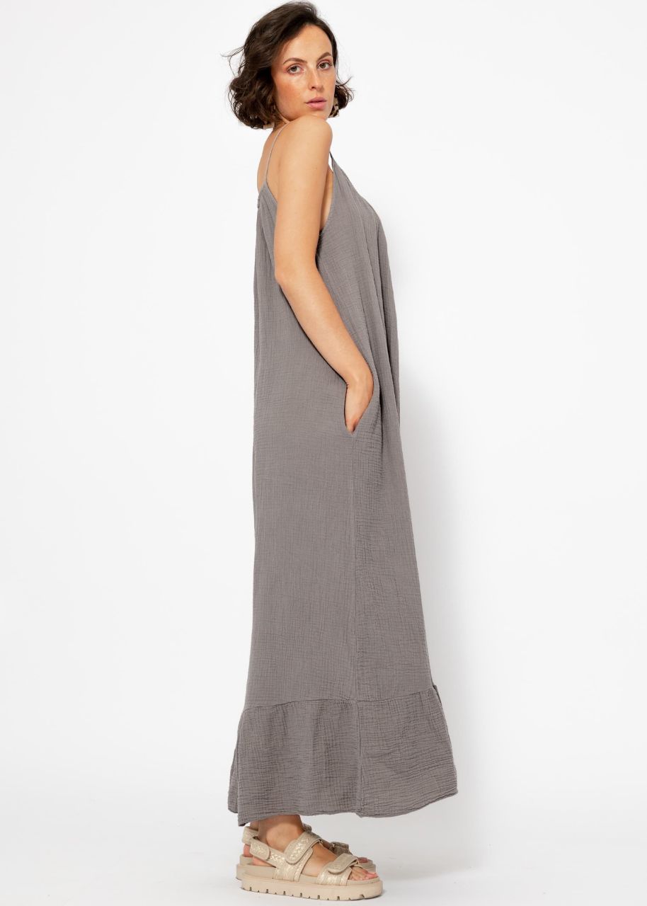 Muslin maxi strap dress with pockets - taupe