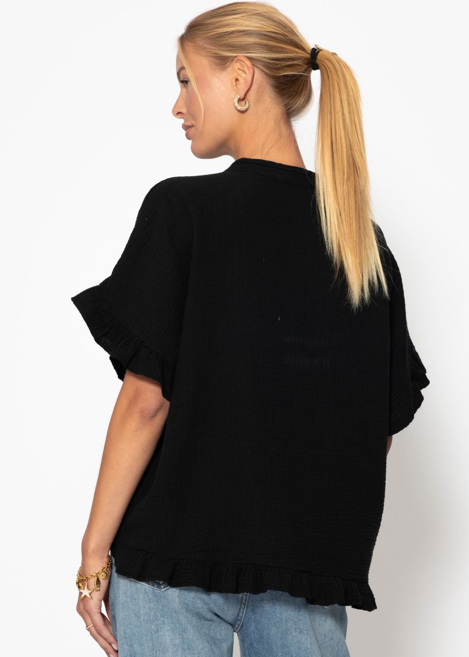 Muslin blouse with ruffle hem - black