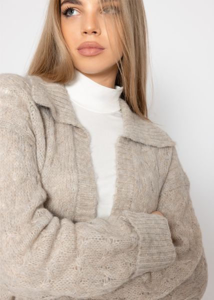 Fluffy cable-knit cardigan with collar - beige