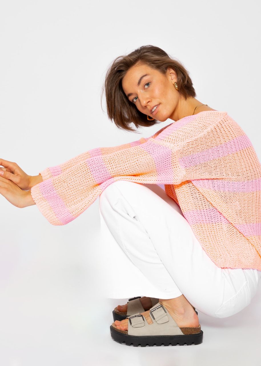 Striped cotton sweater - peach-lilac