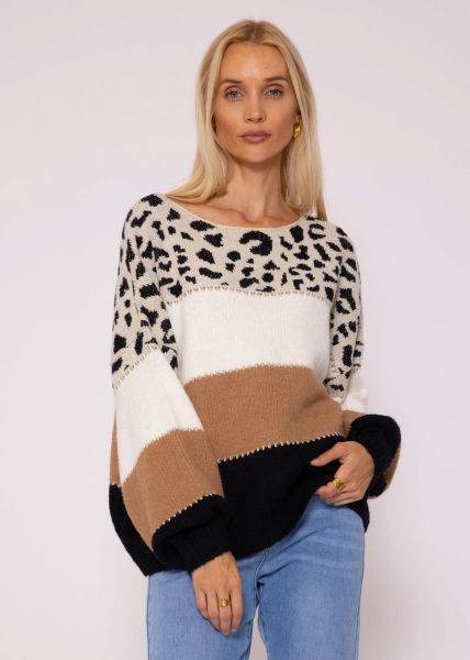 Oversize sweater with leo print, black/camel/offwhite