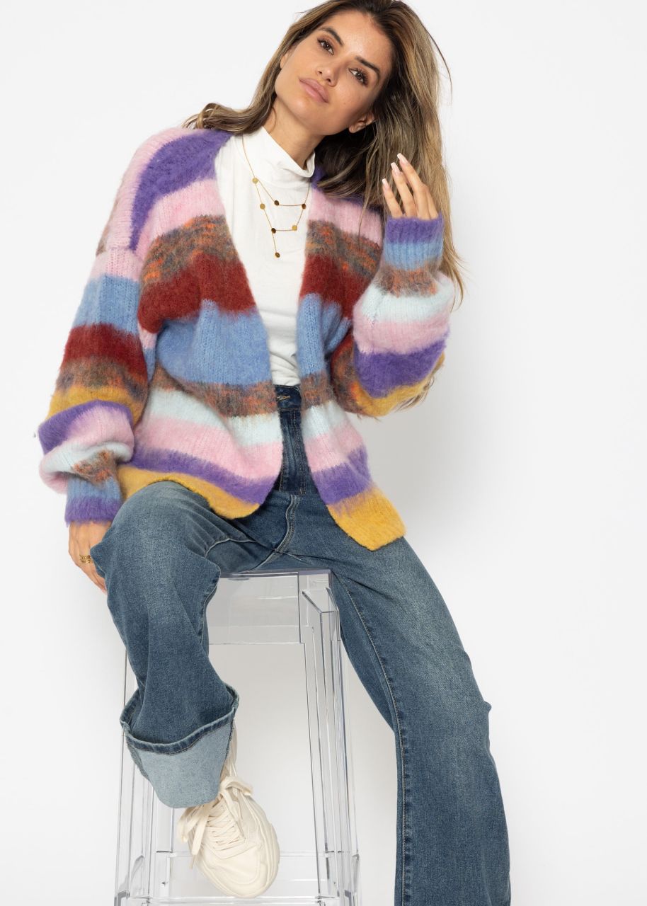 Fluffy cardigan with stripes - multicolor