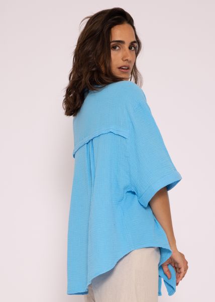 Muslin blouse oversize short sleeve, short, azure blue
